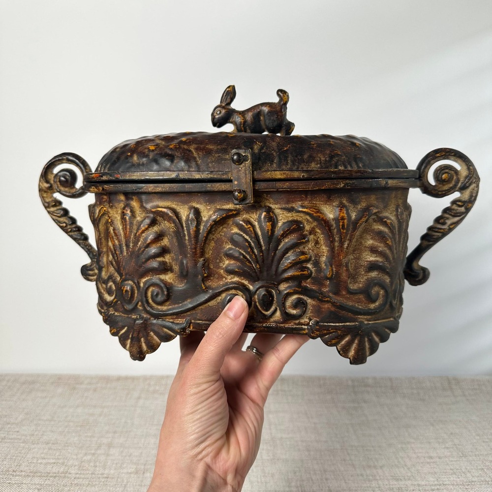 Davonshire Rabbit Box Ornate Metal Lidded Container Bunny Finial Home Decor